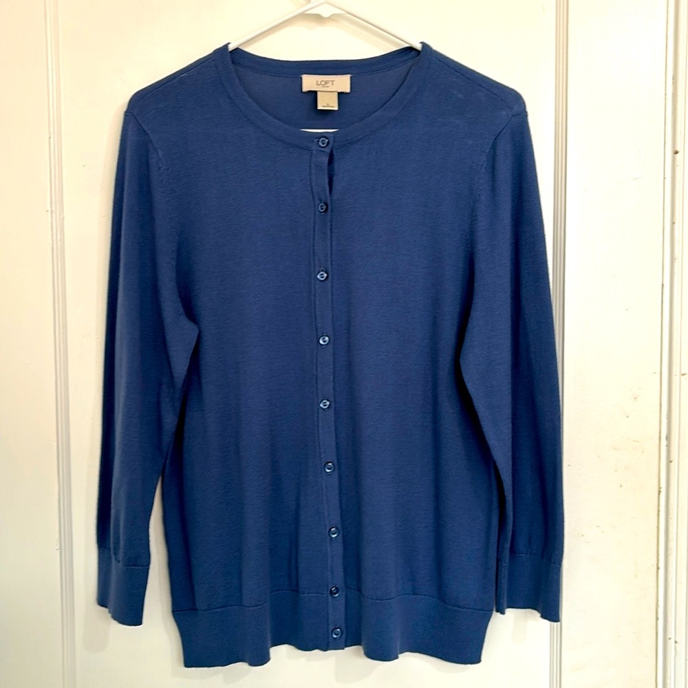 Ann Taylor Loft Womens Blue Button Up Cardigan 3/4 Sleeve Knit L Sweater